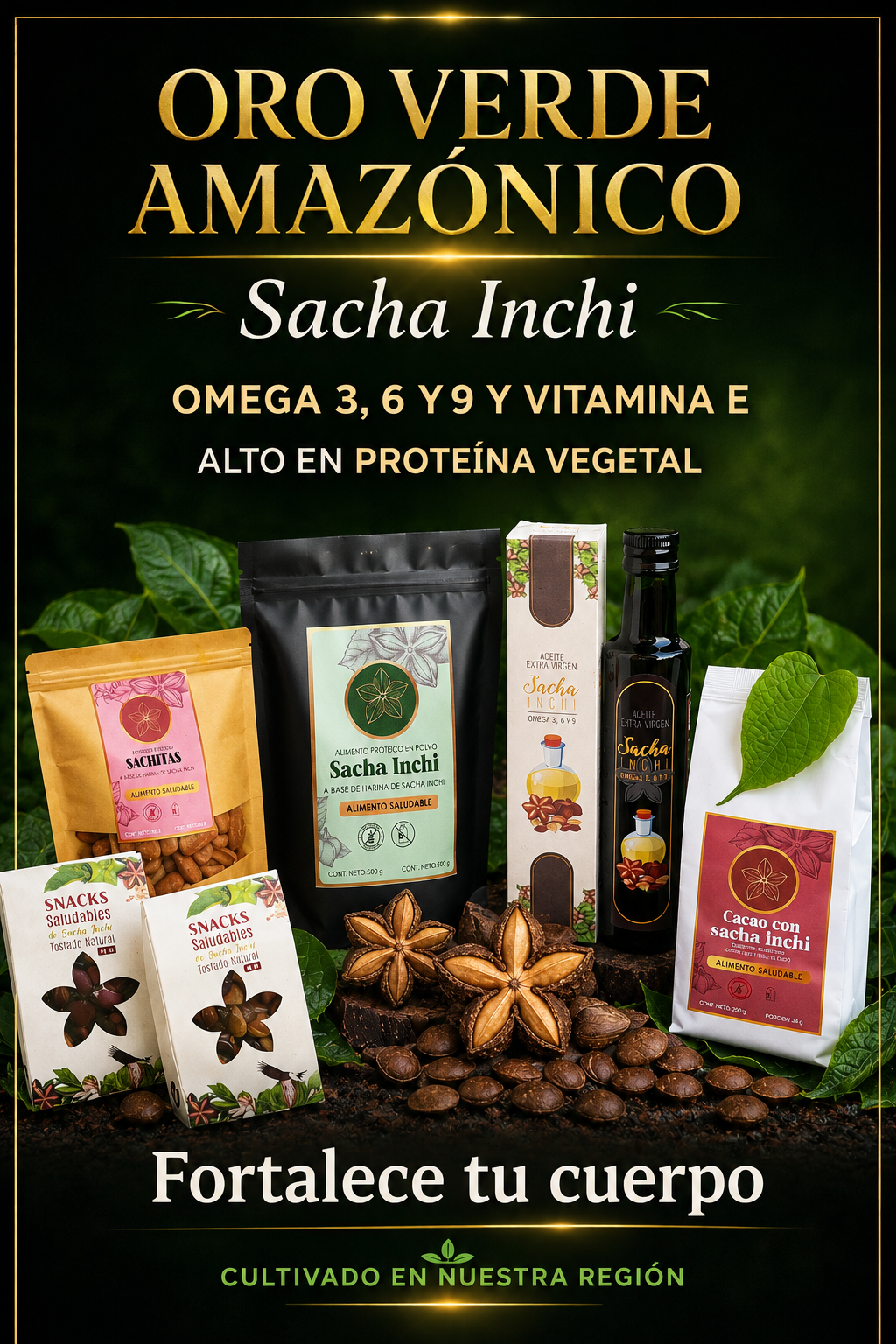 Línea de productos Oro Verde Amazónico de Sacha Inchi: aceite, semillas, snacks, harina y cacao